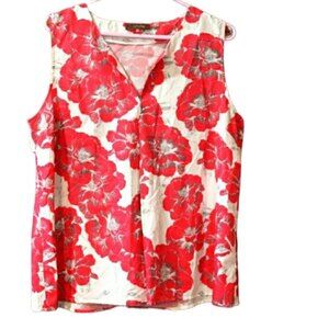 Crosby Bright Red Floral Large Flowers Sleeveless Vneck Top XL